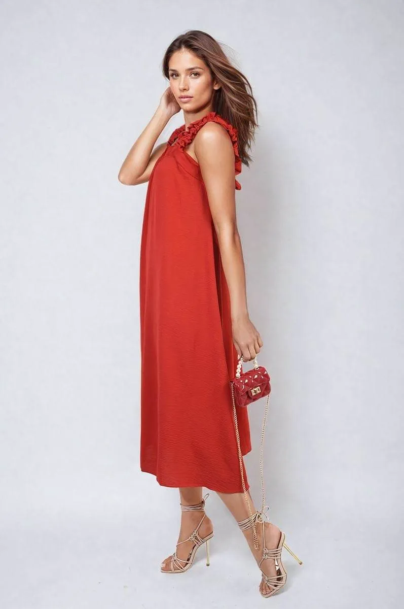 Womens Square Neckline Ruffle Straps Tie Detail Beach Midi Dress