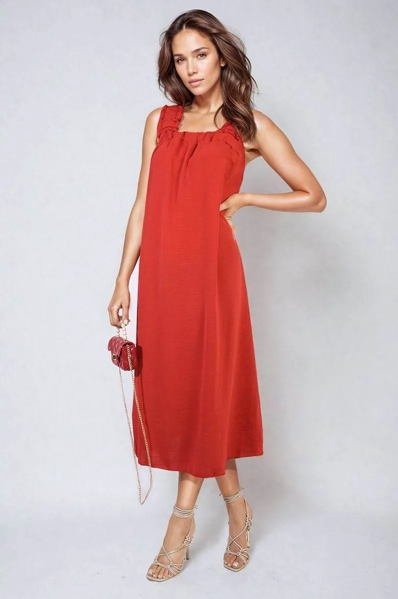 Womens Square Neckline Ruffle Straps Tie Detail Beach Midi Dress