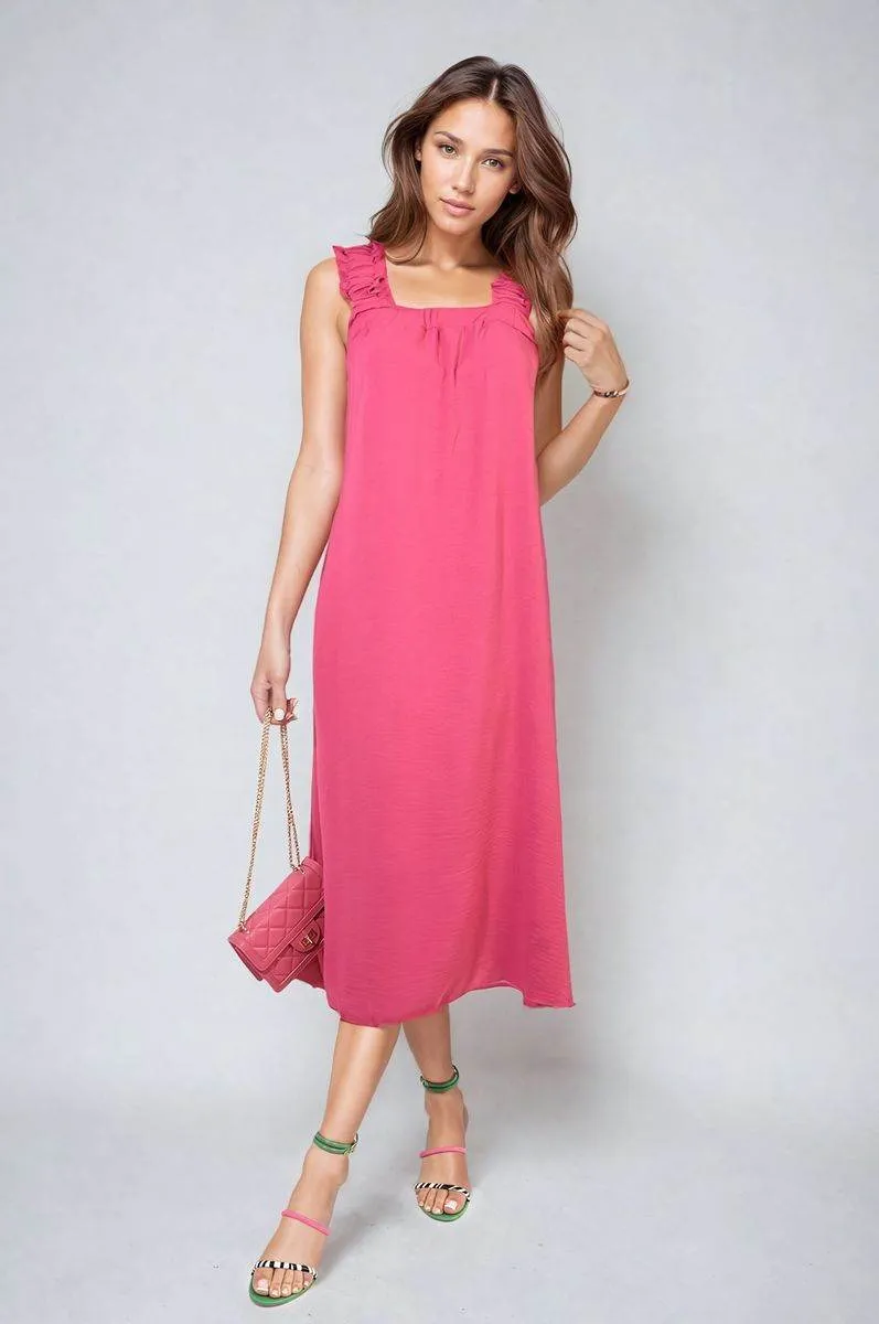 Womens Square Neckline Ruffle Straps Tie Detail Beach Midi Dress