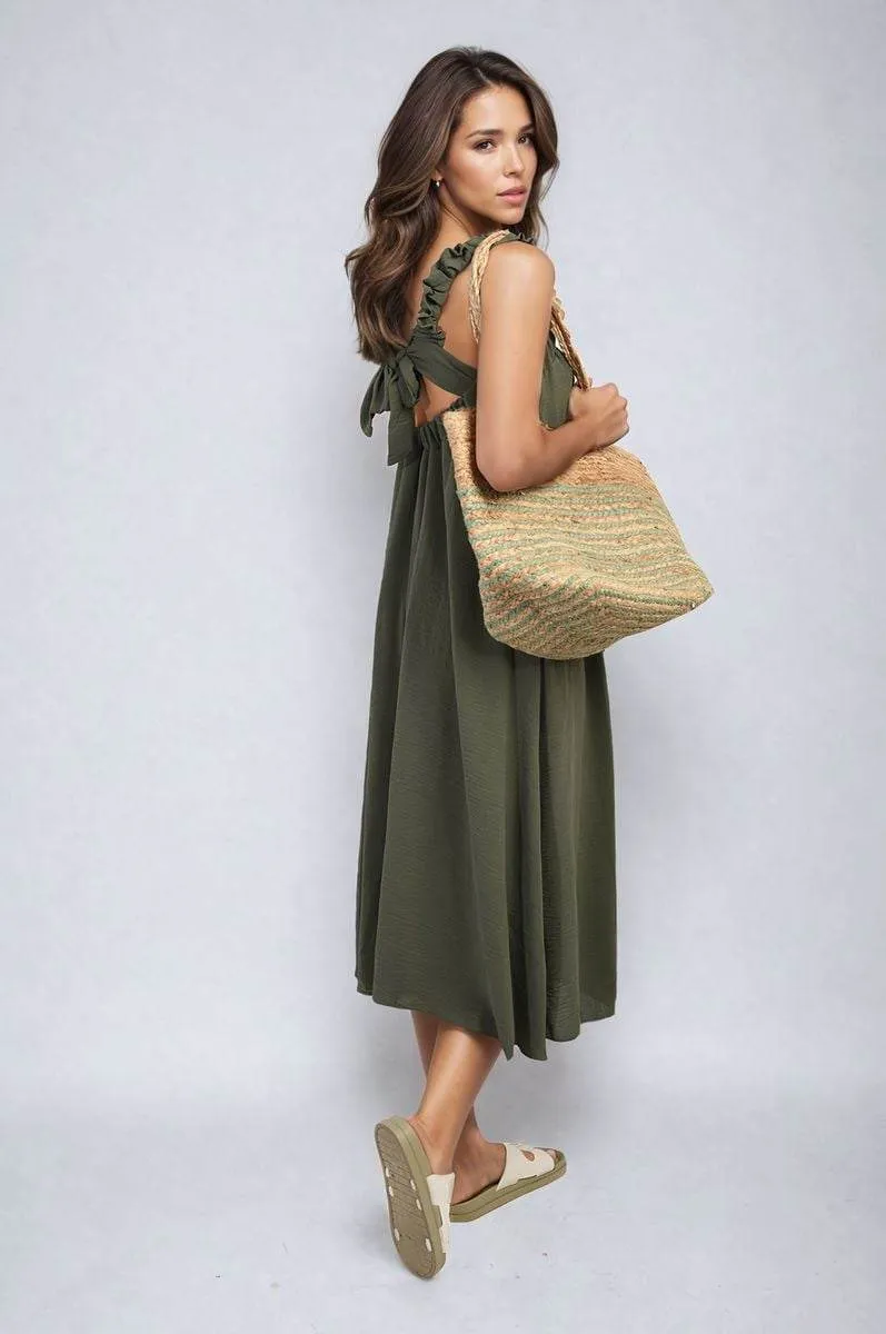 Womens Square Neckline Ruffle Straps Tie Detail Beach Midi Dress