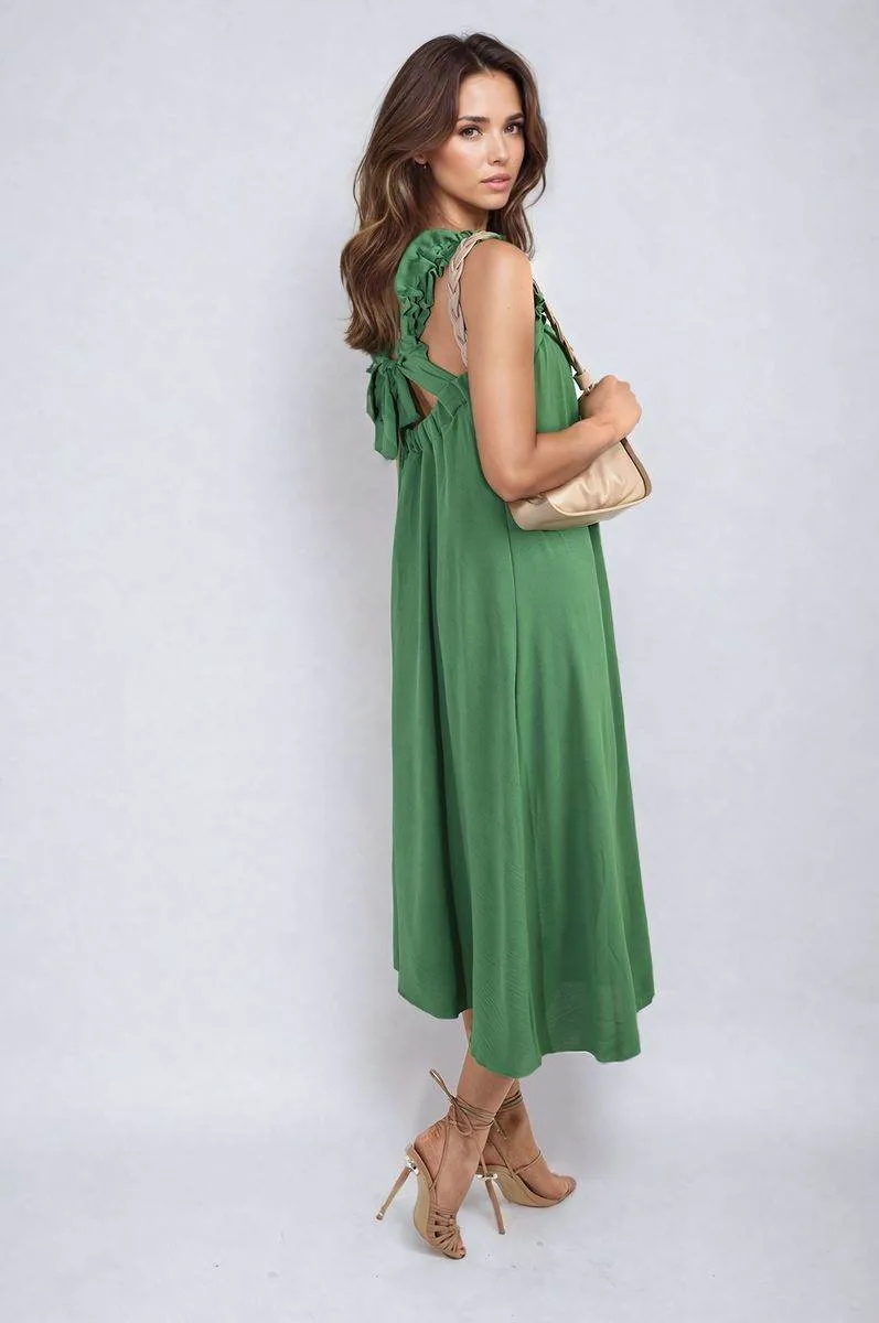 Womens Square Neckline Ruffle Straps Tie Detail Beach Midi Dress