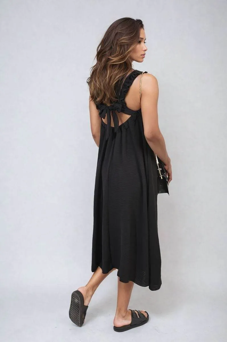 Womens Square Neckline Ruffle Straps Tie Detail Beach Midi Dress