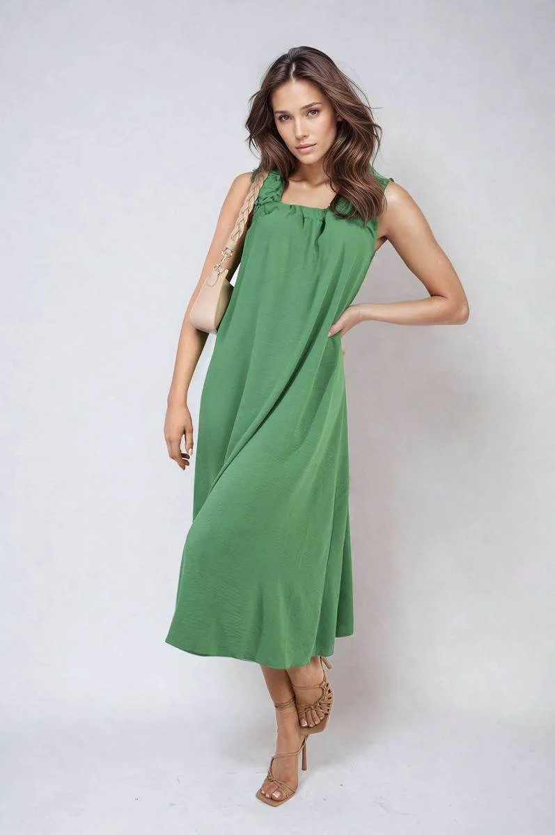 Womens Square Neckline Ruffle Straps Tie Detail Beach Midi Dress