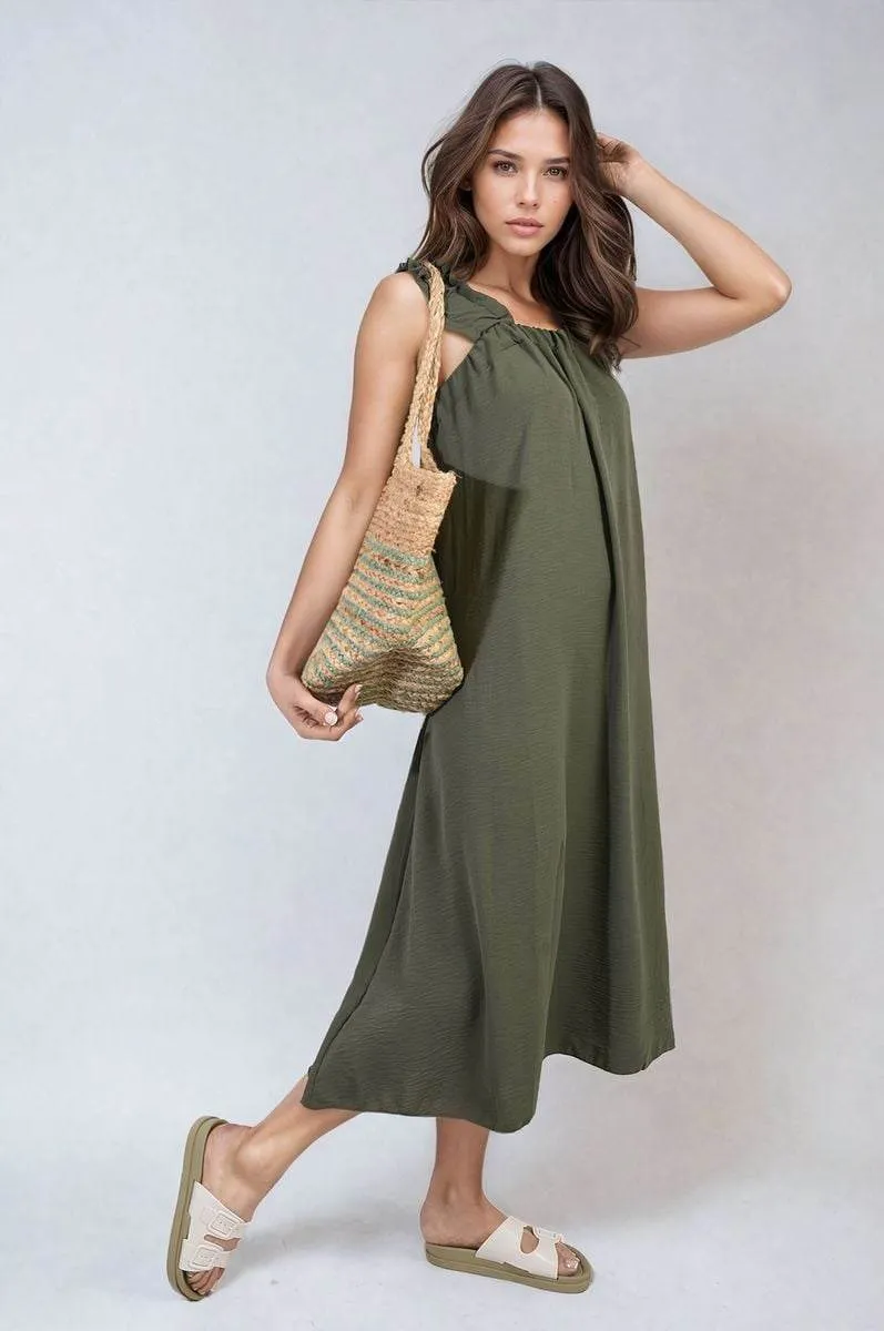 Womens Square Neckline Ruffle Straps Tie Detail Beach Midi Dress