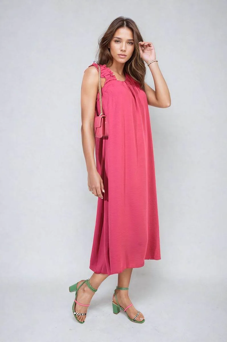 Womens Square Neckline Ruffle Straps Tie Detail Beach Midi Dress