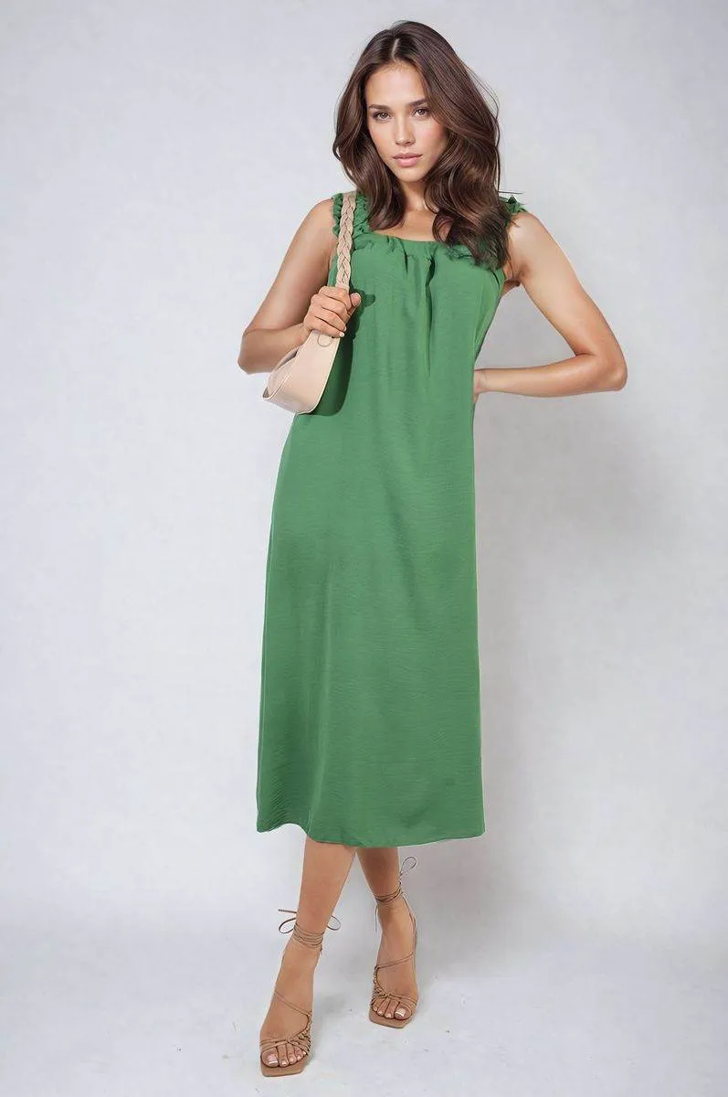 Womens Square Neckline Ruffle Straps Tie Detail Beach Midi Dress