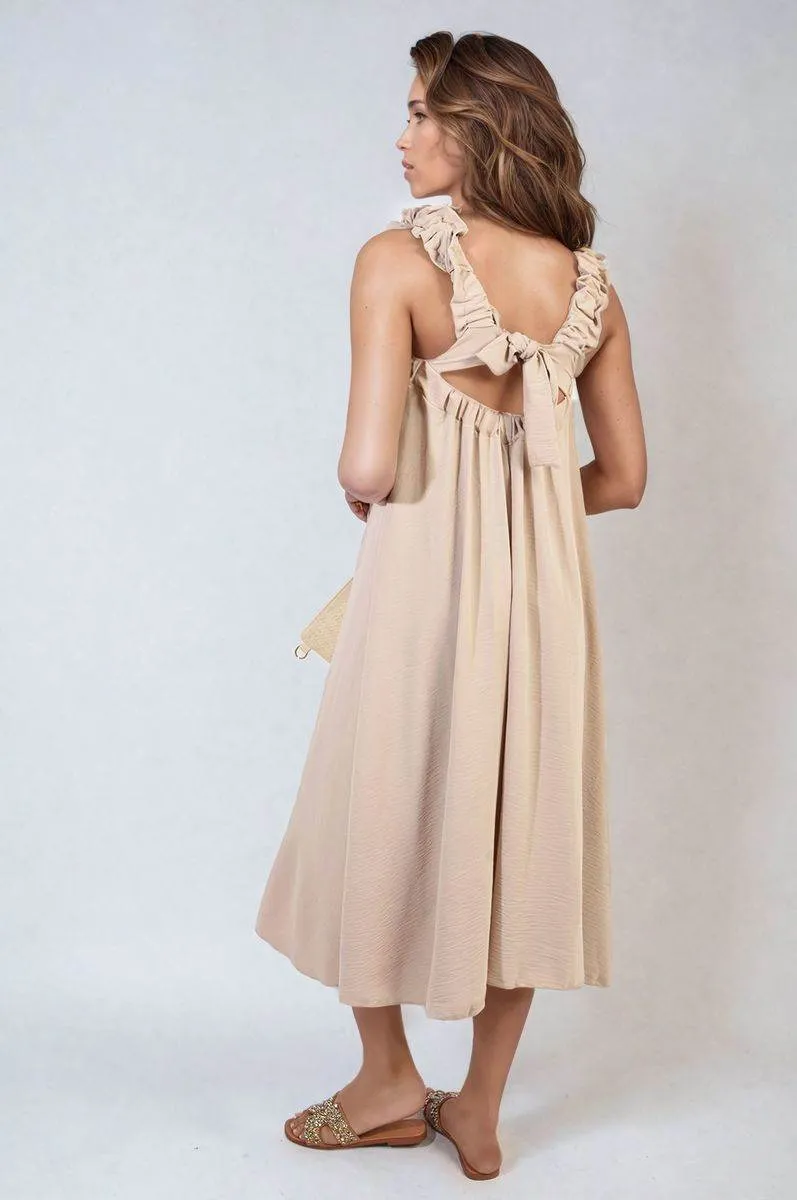 Womens Square Neckline Ruffle Straps Tie Detail Beach Midi Dress