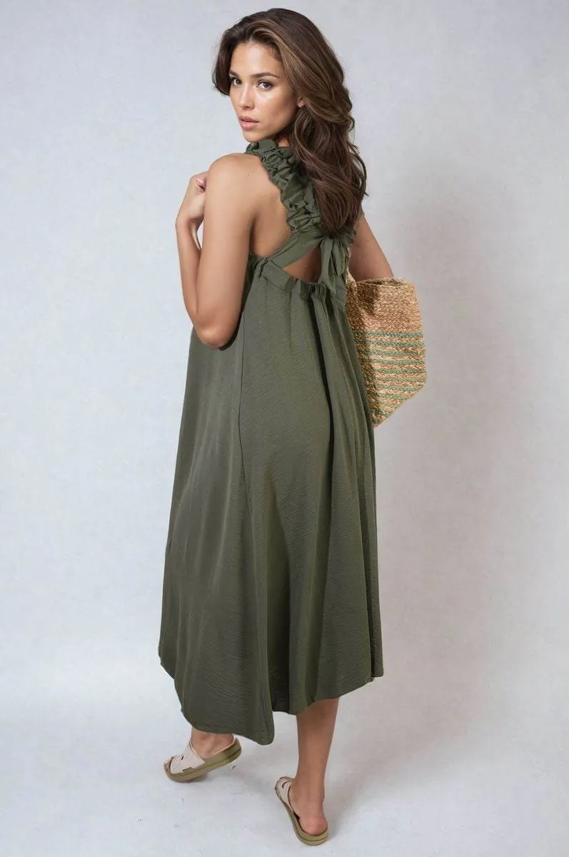 Womens Square Neckline Ruffle Straps Tie Detail Beach Midi Dress