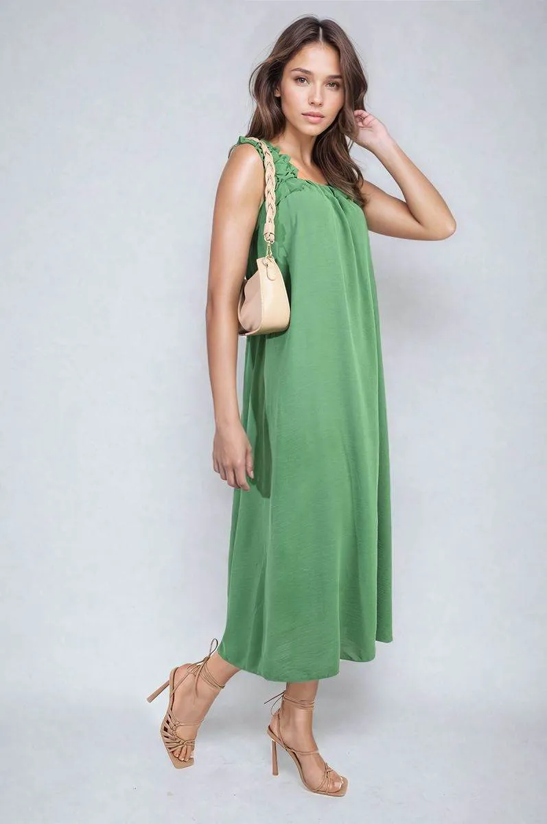 Womens Square Neckline Ruffle Straps Tie Detail Beach Midi Dress