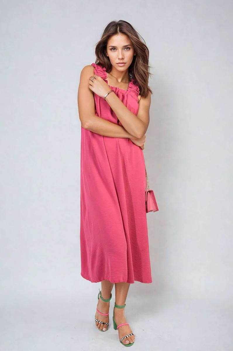 Womens Square Neckline Ruffle Straps Tie Detail Beach Midi Dress