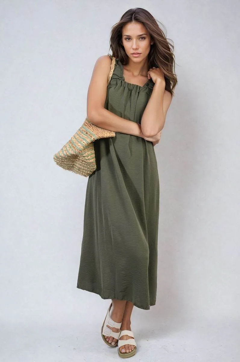 Womens Square Neckline Ruffle Straps Tie Detail Beach Midi Dress