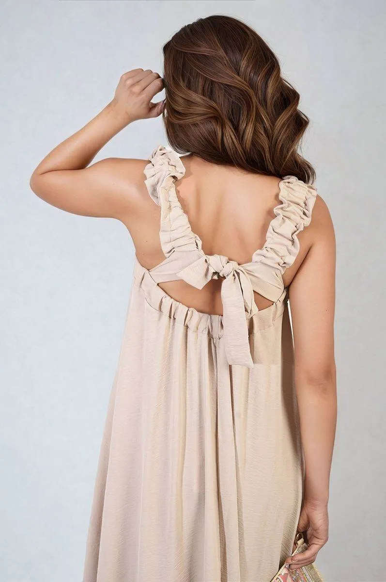 Womens Square Neckline Ruffle Straps Tie Detail Beach Midi Dress
