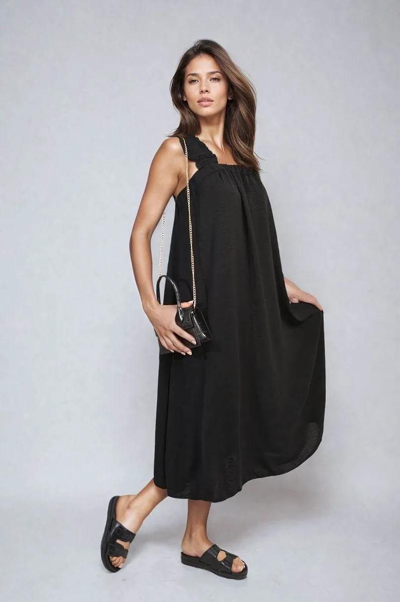 Womens Square Neckline Ruffle Straps Tie Detail Beach Midi Dress