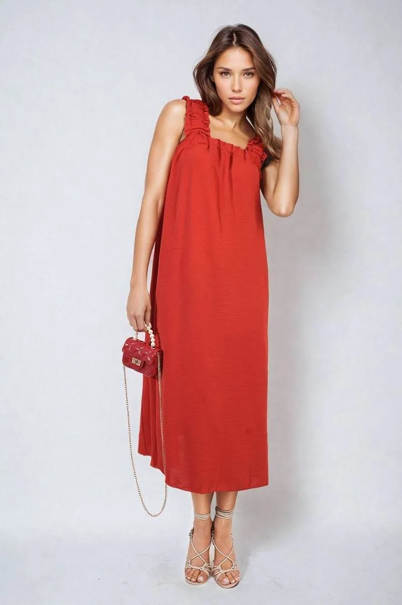Womens Square Neckline Ruffle Straps Tie Detail Beach Midi Dress