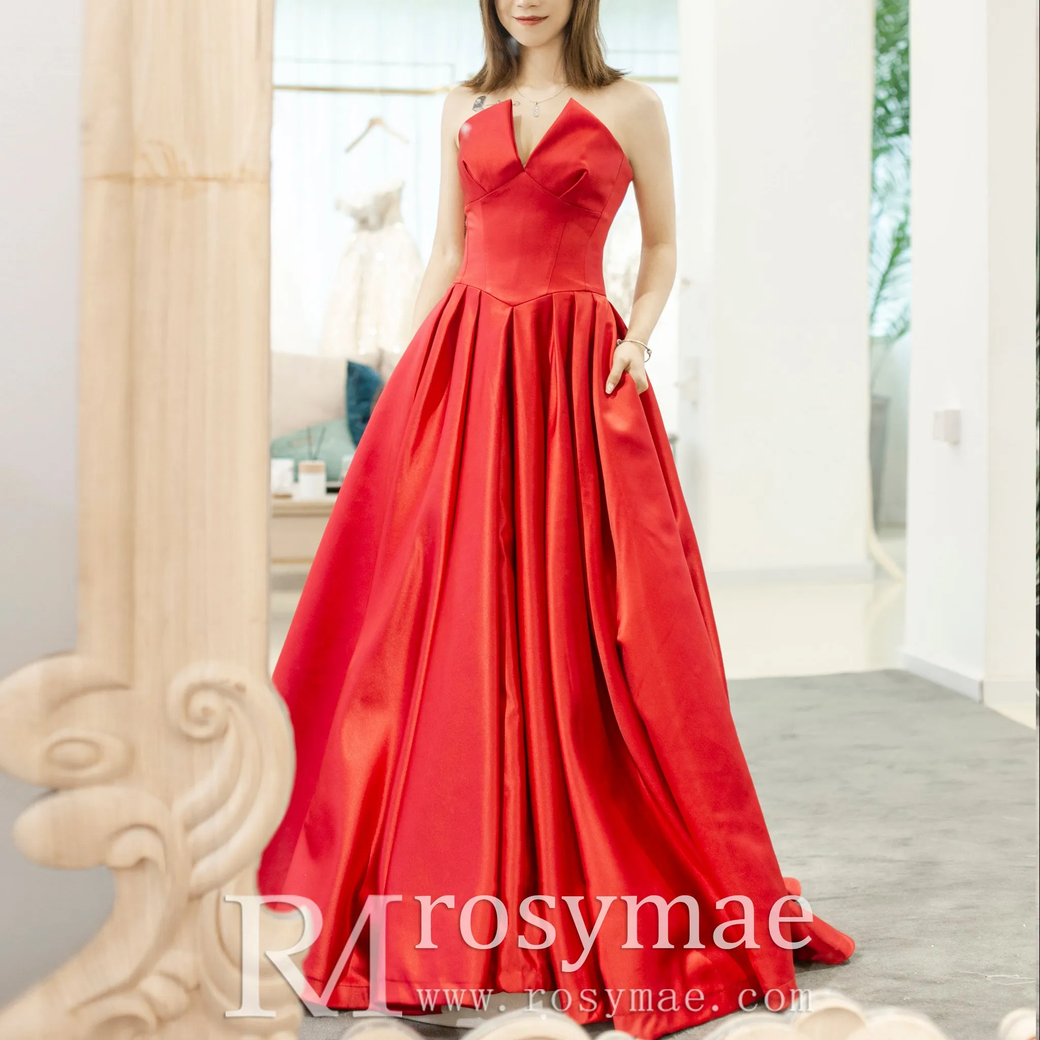 Women's Vneck Satin Red Formal Dresses & Evening Gowns