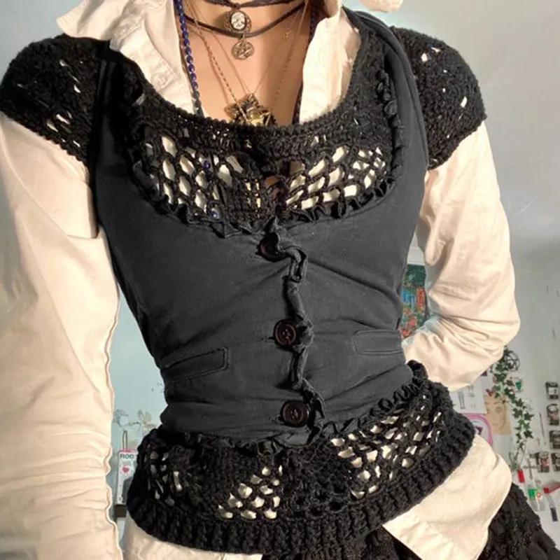 Y2K Black Button-Up Frill Mini Vest