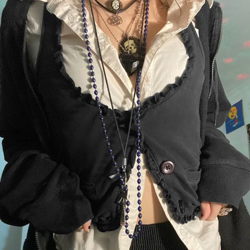 Y2K Black Button-Up Frill Mini Vest