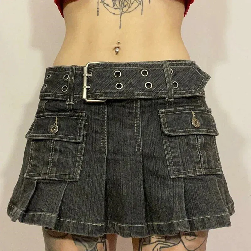Y2k Denim Skirt 2000s Aesthetic Women Fairycore Grunge Low Waist A Line Pleated Skirts Fashion Jeans Skirt Streetwear