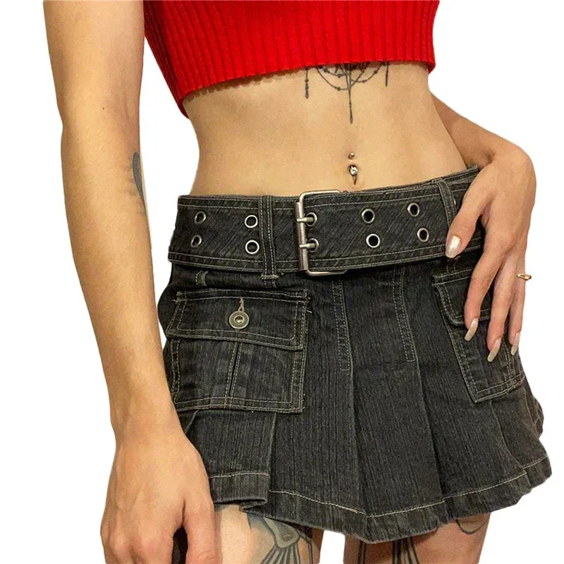 Y2k Denim Skirt 2000s Aesthetic Women Fairycore Grunge Low Waist A Line Pleated Skirts Fashion Jeans Skirt Streetwear