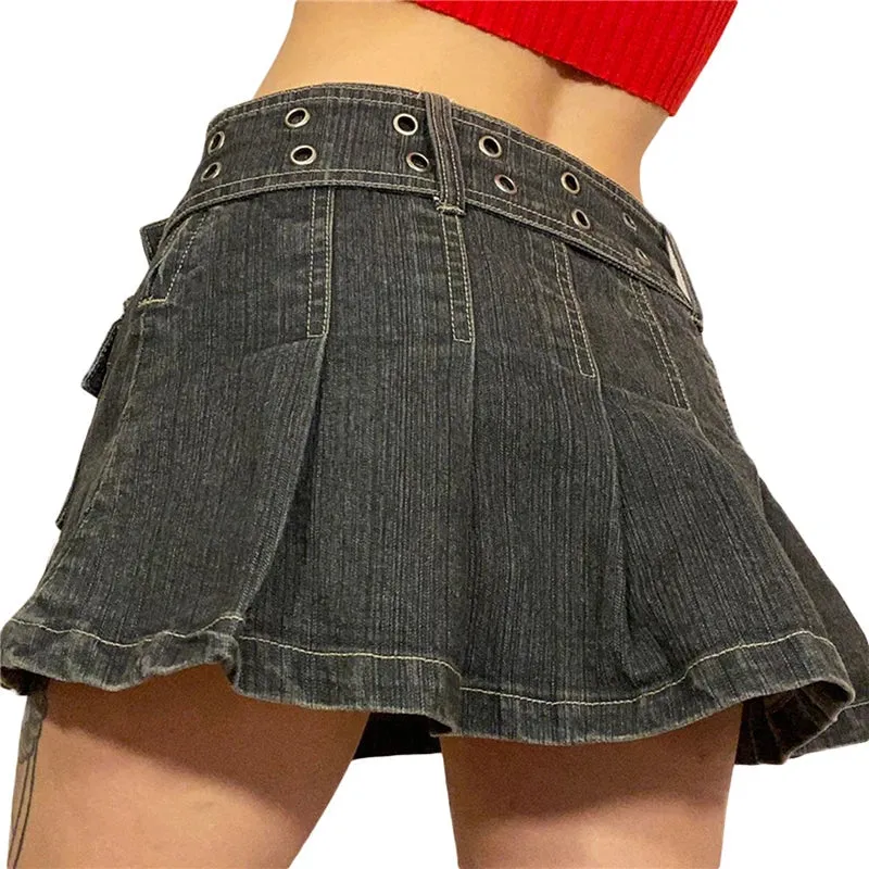 Y2k Denim Skirt 2000s Aesthetic Women Fairycore Grunge Low Waist A Line Pleated Skirts Fashion Jeans Skirt Streetwear