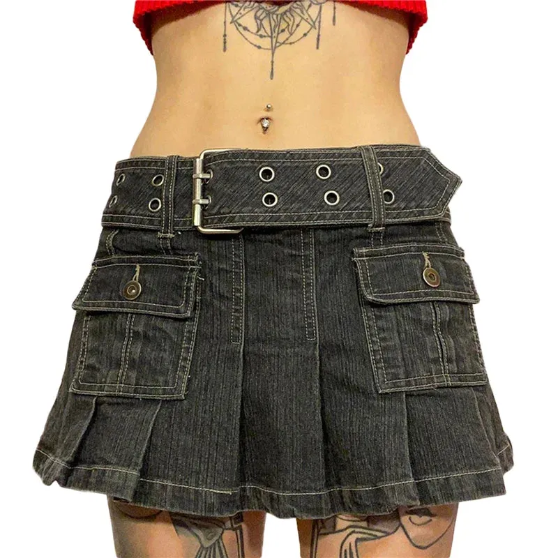 Y2k Denim Skirt 2000s Aesthetic Women Fairycore Grunge Low Waist A Line Pleated Skirts Fashion Jeans Skirt Streetwear