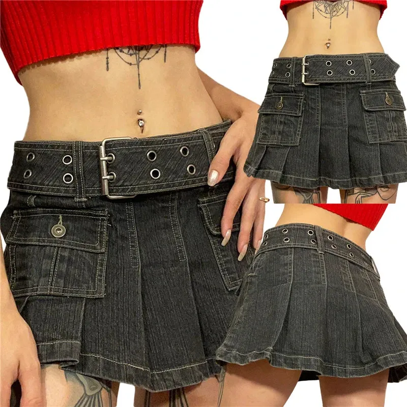 Y2k Denim Skirt 2000s Aesthetic Women Fairycore Grunge Low Waist A Line Pleated Skirts Fashion Jeans Skirt Streetwear