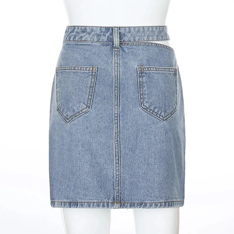 Y2K Women's Denim Skirt  Fashion High Waist Hollow Button Skirt Female Casual Pocket Slim A-line Skirts Aesthetic Clothes