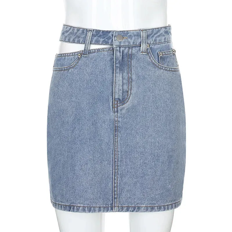 Y2K Women's Denim Skirt  Fashion High Waist Hollow Button Skirt Female Casual Pocket Slim A-line Skirts Aesthetic Clothes