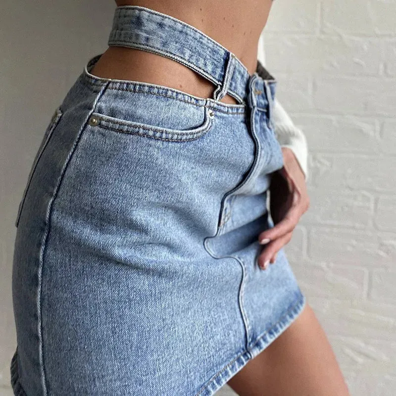 Y2K Women's Denim Skirt  Fashion High Waist Hollow Button Skirt Female Casual Pocket Slim A-line Skirts Aesthetic Clothes