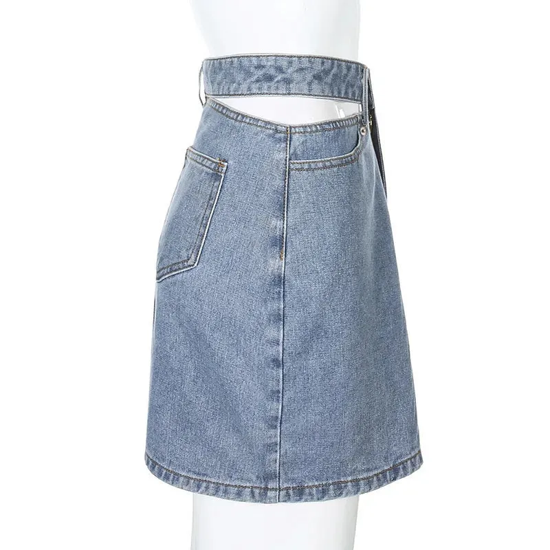 Y2K Women's Denim Skirt  Fashion High Waist Hollow Button Skirt Female Casual Pocket Slim A-line Skirts Aesthetic Clothes