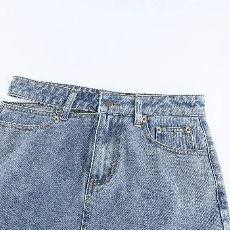 Y2K Women's Denim Skirt  Fashion High Waist Hollow Button Skirt Female Casual Pocket Slim A-line Skirts Aesthetic Clothes