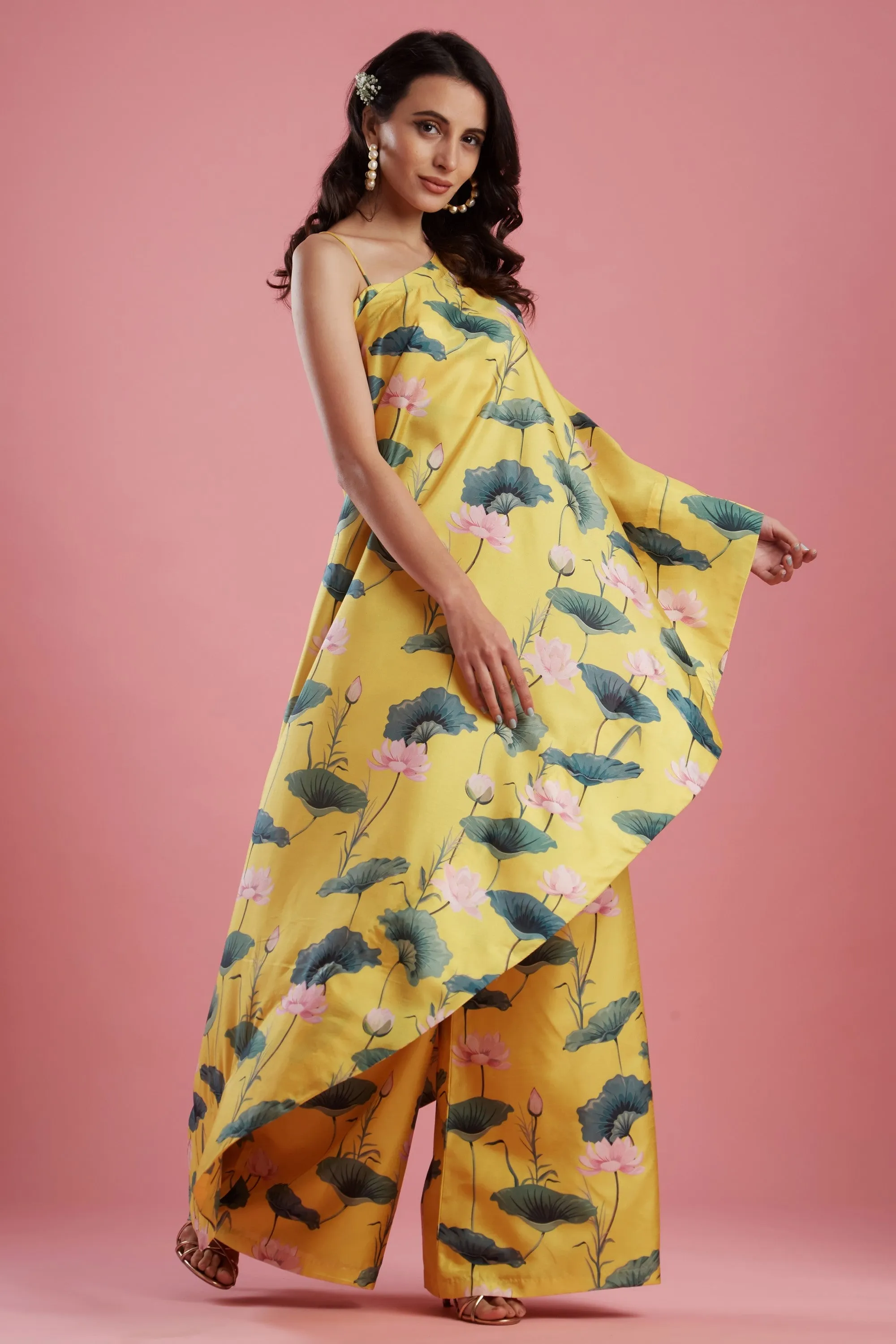 Yellow Printed Palazzo Cape Set
