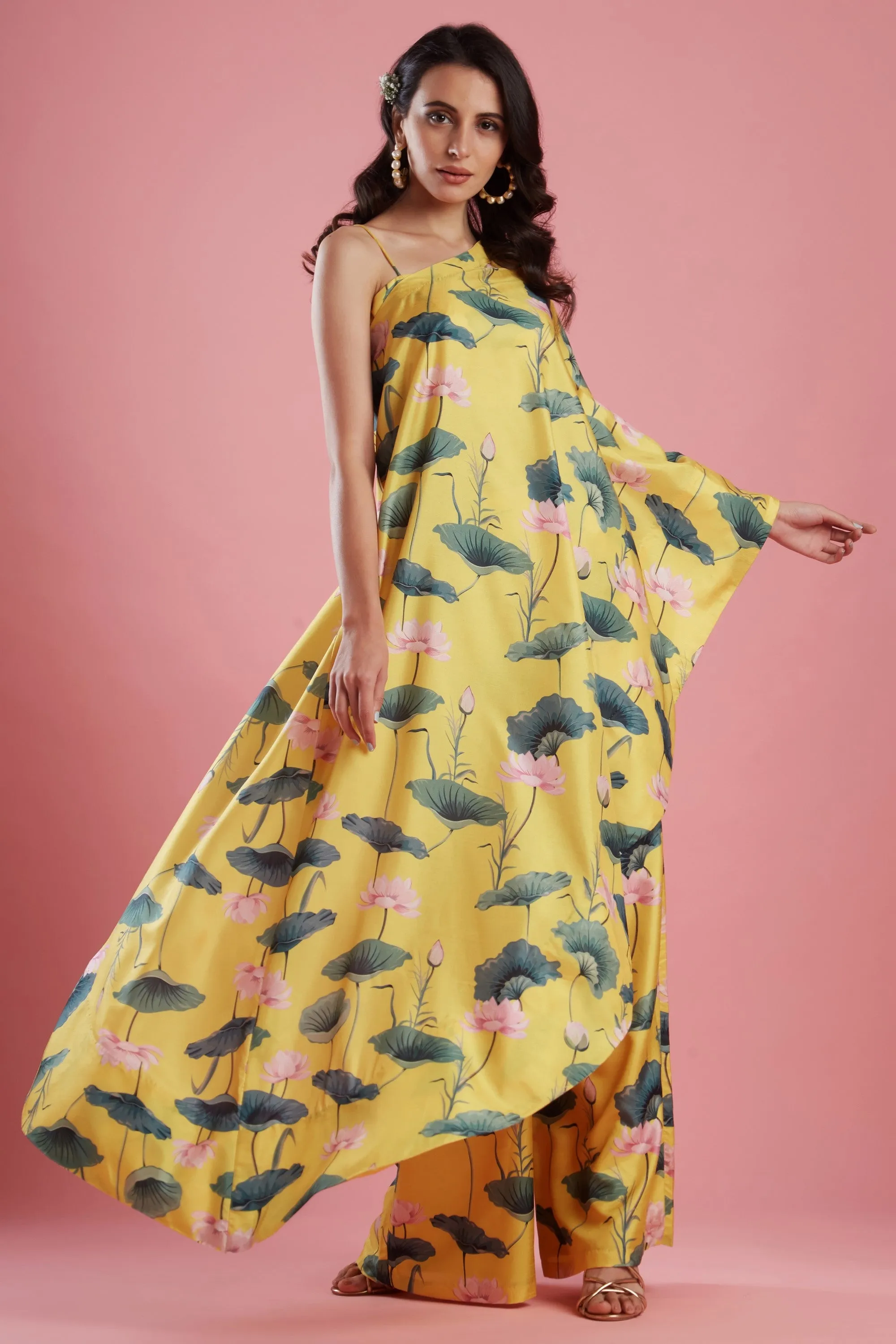 Yellow Printed Palazzo Cape Set