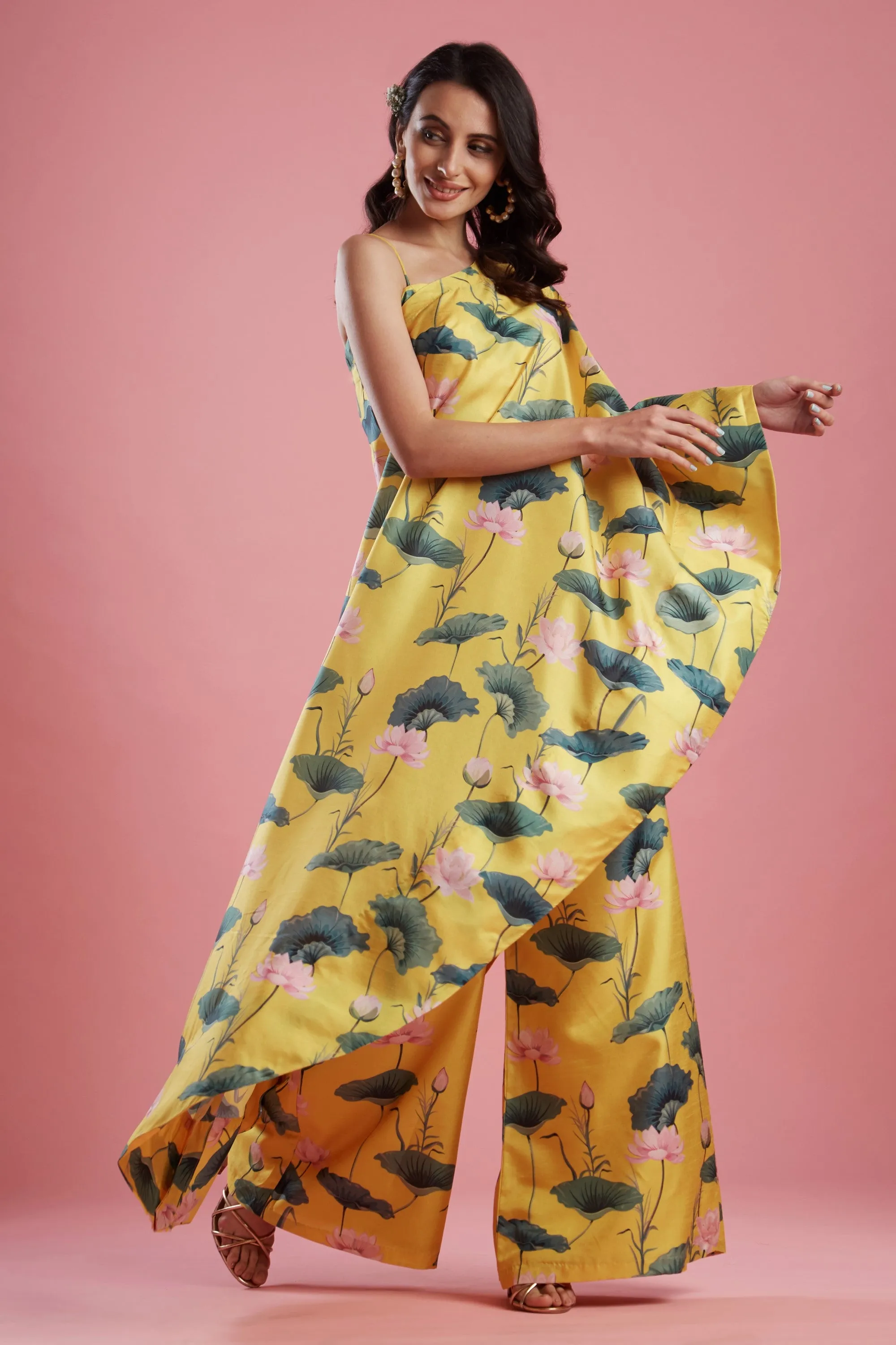 Yellow Printed Palazzo Cape Set