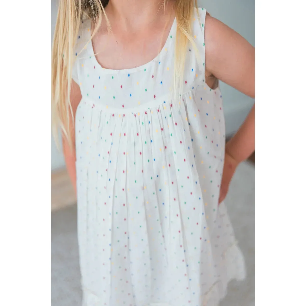Yo Baby White Multicolor Dot Cotton Dobby Bottom Ruffle Dress