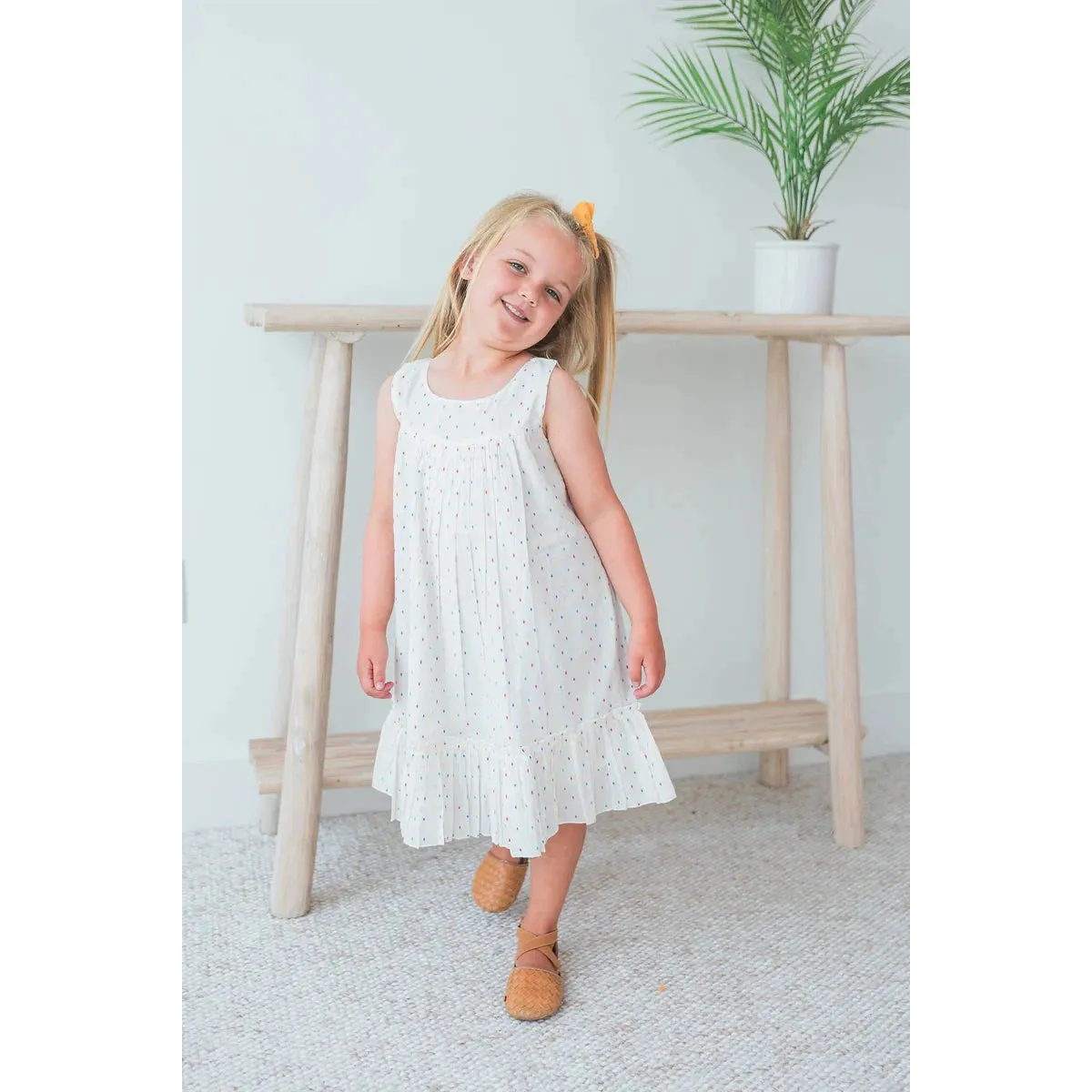 Yo Baby White Multicolor Dot Cotton Dobby Bottom Ruffle Dress